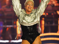 American singer Alecia Beth Moore, known as P!nk, performs on stage as part of the Pink Summer Carnival Tour 2024 at Globe Life Field in Arl...