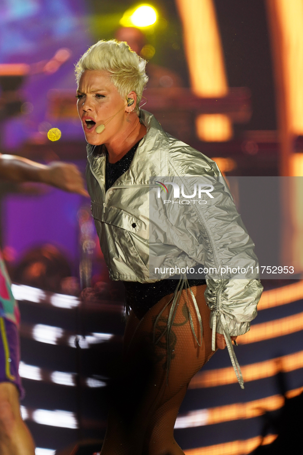 American singer Alecia Beth Moore, known as P!nk, performs on stage as part of the Pink Summer Carnival Tour 2024 at Globe Life Field in Arl...