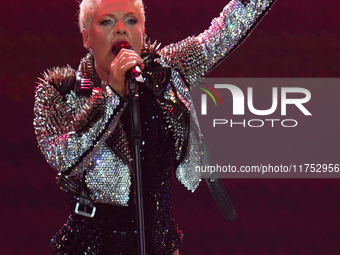 American singer Alecia Beth Moore, known as P!nk, performs on stage as part of the Pink Summer Carnival Tour 2024 at Globe Life Field in Arl...