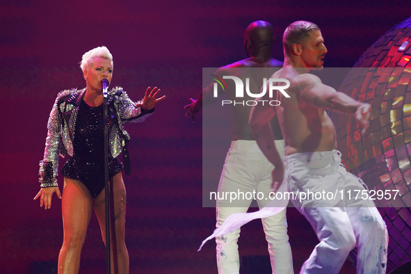 American singer Alecia Beth Moore, known as P!nk, performs on stage as part of the Pink Summer Carnival Tour 2024 at Globe Life Field in Arl...