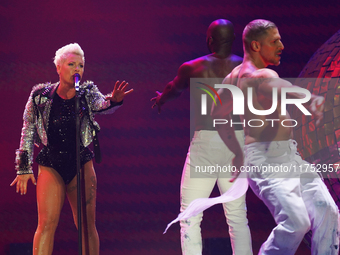 American singer Alecia Beth Moore, known as P!nk, performs on stage as part of the Pink Summer Carnival Tour 2024 at Globe Life Field in Arl...