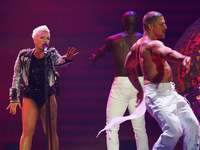 American singer Alecia Beth Moore, known as P!nk, performs on stage as part of the Pink Summer Carnival Tour 2024 at Globe Life Field in Arl...