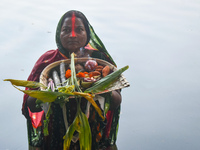 A Hindu woman worships the Sun god in the early morning during the religious festival of Chhath Puja at a pond in Kolkata, India, on Novembe...