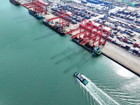 Cargo ships stop at their berths to load and unload containers at the container terminal in Lianyungang Port in Lianyungang, China, on Novem...