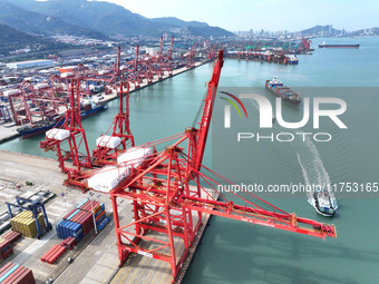 Cargo ships stop at their berths to load and unload containers at the container terminal in Lianyungang Port in Lianyungang, China, on Novem...