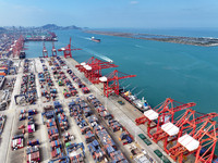 Cargo ships stop at their berths to load and unload containers at the container terminal in Lianyungang Port in Lianyungang, China, on Novem...