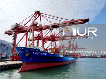 Cargo ships stop at their berths to load and unload containers at the container terminal in Lianyungang Port in Lianyungang, China, on Novem...