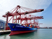 Cargo ships stop at their berths to load and unload containers at the container terminal in Lianyungang Port in Lianyungang, China, on Novem...