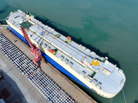 A roll-on wheel is loaded with cars for export at the terminal of Orient Port Branch in Lianyungang Port in Lianyungang, China, on November...