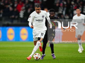 Hugo Ekitike of Eintracht Frankfurt  controls the ball during the Eurepa League Round 4 match between Eintracht Frankfurt v SK Slavia Prague...