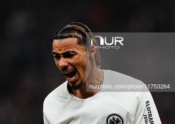 Hugo Ekitike of Eintracht Frankfurt  looks on during the Eurepa League Round 4 match between Eintracht Frankfurt v SK Slavia Prague at the D...