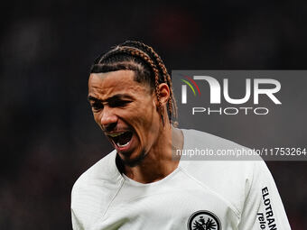 Hugo Ekitike of Eintracht Frankfurt  looks on during the Eurepa League Round 4 match between Eintracht Frankfurt v SK Slavia Prague at the D...