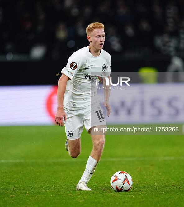 Hugo Larsson of Eintracht Frankfurt  controls the ball during the Eurepa League Round 4 match between Eintracht Frankfurt v SK Slavia Prague...