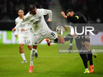 Hugo Ekitike of Eintracht Frankfurt and Jan Boril of SK Slavia Prague battle for the ball during the Eurepa League Round 4 match between Ein...