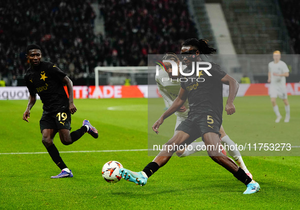 Igoh Ogbu of SK Slavia Prague  controls the ball during the Eurepa League Round 4 match between Eintracht Frankfurt v SK Slavia Prague at th...