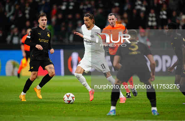 Hugo Ekitike of Eintracht Frankfurt  controls the ball during the Eurepa League Round 4 match between Eintracht Frankfurt v SK Slavia Prague...