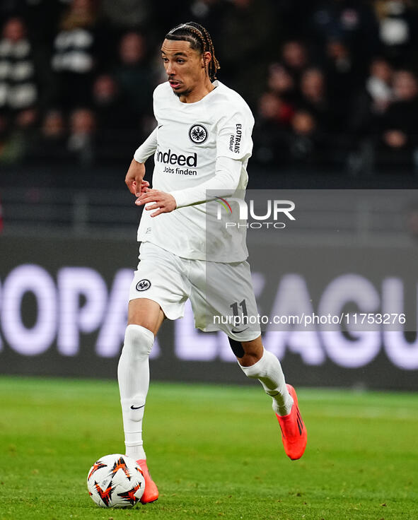 Hugo Ekitike of Eintracht Frankfurt  controls the ball during the Eurepa League Round 4 match between Eintracht Frankfurt v SK Slavia Prague...