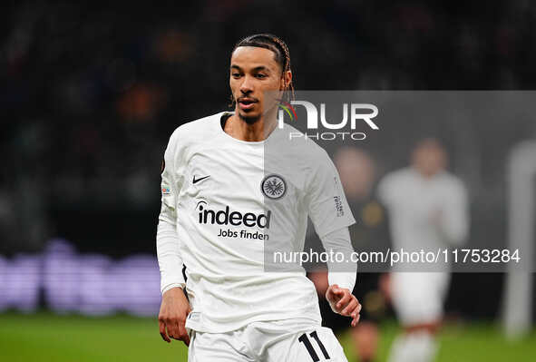 Hugo Ekitike of Eintracht Frankfurt  looks on during the Eurepa League Round 4 match between Eintracht Frankfurt v SK Slavia Prague at the D...