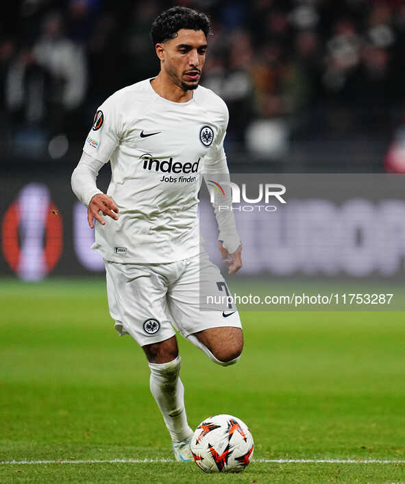 Omar Marmoush of Eintracht Frankfurt  controls the ball during the Eurepa League Round 4 match between Eintracht Frankfurt v SK Slavia Pragu...