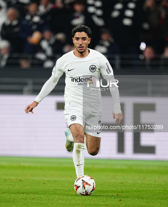 Omar Marmoush of Eintracht Frankfurt  controls the ball during the Eurepa League Round 4 match between Eintracht Frankfurt v SK Slavia Pragu...