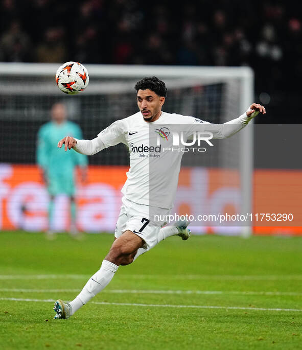 Omar Marmoush of Eintracht Frankfurt  controls the ball during the Eurepa League Round 4 match between Eintracht Frankfurt v SK Slavia Pragu...