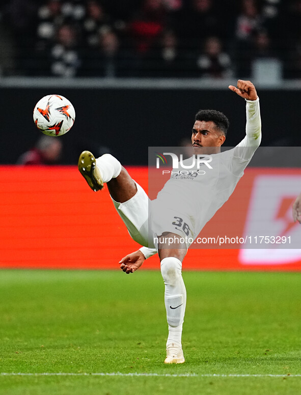 Ansgar Knauff of Eintracht Frankfurt  controls the ball during the Eurepa League Round 4 match between Eintracht Frankfurt v SK Slavia Pragu...