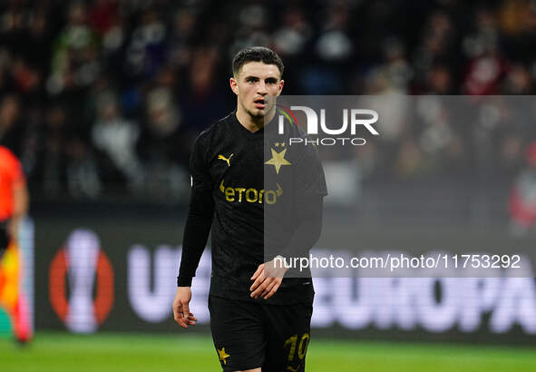 Christos Zafeiris of SK Slavia Prague  looks on during the Eurepa League Round 4 match between Eintracht Frankfurt v SK Slavia Prague at the...