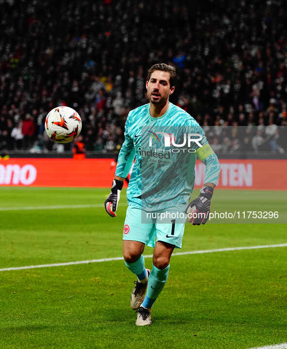 Kevin Trapp of Eintracht Frankfurt  looks on during the Eurepa League Round 4 match between Eintracht Frankfurt v SK Slavia Prague at the De...