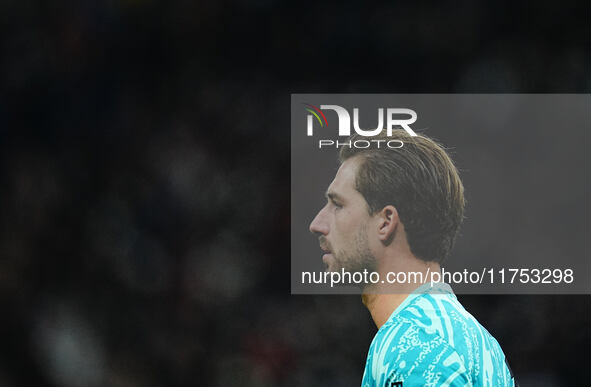 Kevin Trapp of Eintracht Frankfurt  looks on during the Eurepa League Round 4 match between Eintracht Frankfurt v SK Slavia Prague at the De...