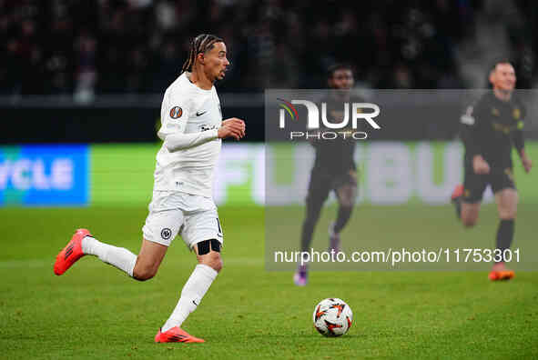 Hugo Ekitike of Eintracht Frankfurt  controls the ball during the Eurepa League Round 4 match between Eintracht Frankfurt v SK Slavia Prague...