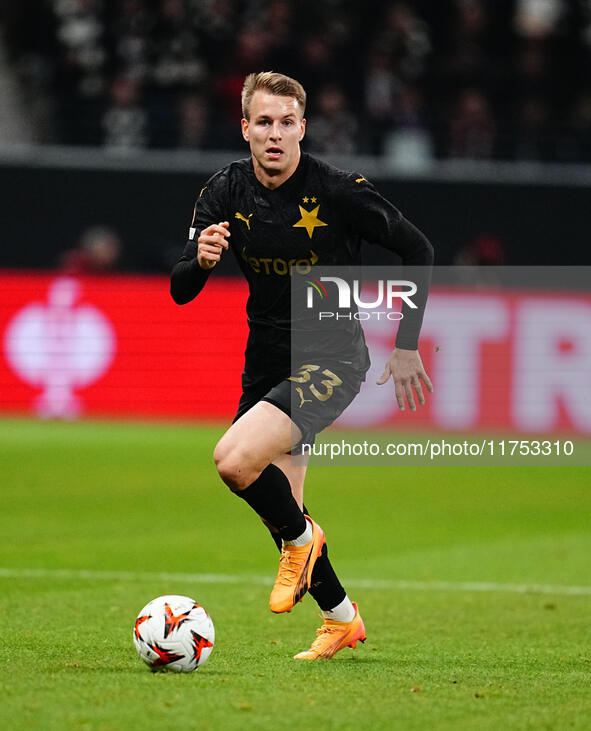 Ondrej Zmrzly of SK Slavia Prague  controls the ball during the Eurepa League Round 4 match between Eintracht Frankfurt v SK Slavia Prague a...