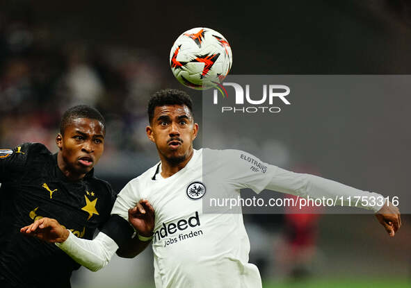 Ansgar Knauff of Eintracht Frankfurt  controls the ball during the Eurepa League Round 4 match between Eintracht Frankfurt v SK Slavia Pragu...