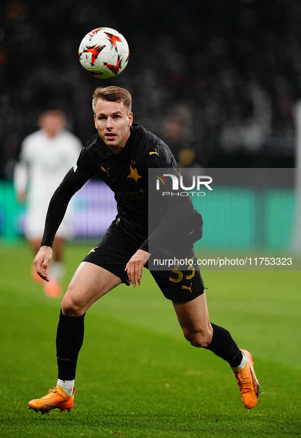 Ondrej Zmrzly of SK Slavia Prague  controls the ball during the Eurepa League Round 4 match between Eintracht Frankfurt v SK Slavia Prague a...