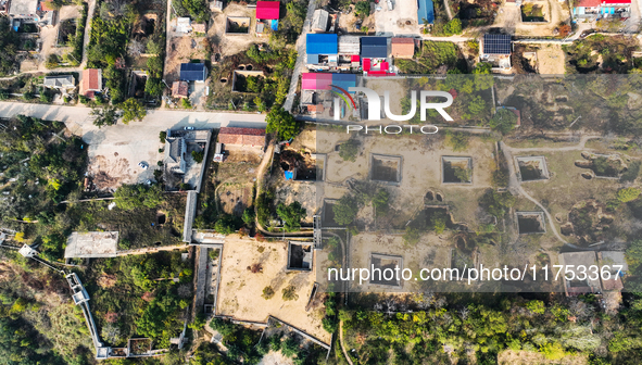 An aerial photo taken in Sanmenxia, China, on November 7, 2024, shows the Pit yard of Qucun Village, Xizhang Township, Shanzhou District, He...