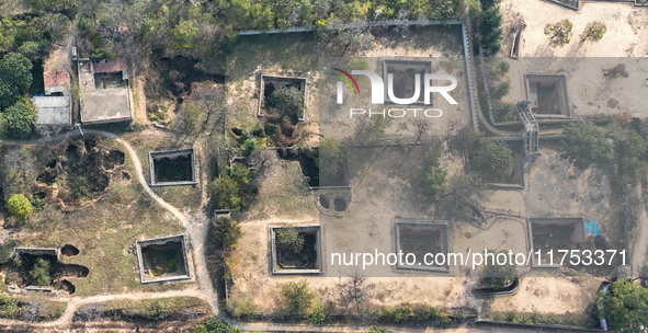 An aerial photo taken in Sanmenxia, China, on November 7, 2024, shows the Pit yard of Qucun Village, Xizhang Township, Shanzhou District, He...