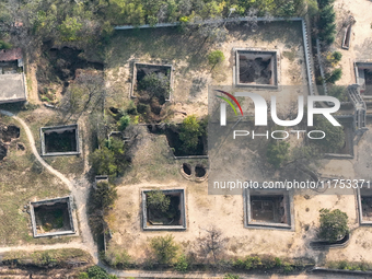 An aerial photo taken in Sanmenxia, China, on November 7, 2024, shows the Pit yard of Qucun Village, Xizhang Township, Shanzhou District, He...