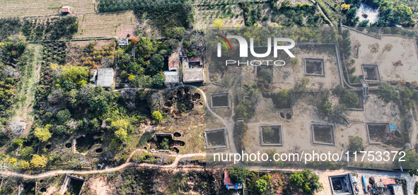 An aerial photo taken in Sanmenxia, China, on November 7, 2024, shows the Pit yard of Qucun Village, Xizhang Township, Shanzhou District, He...