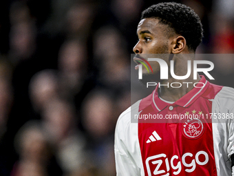 AFC Ajax Amsterdam defender Jorrel Hato plays during the match between Ajax and Maccabi Tel Aviv at the Johan Cruijff ArenA for the UEFA Eur...