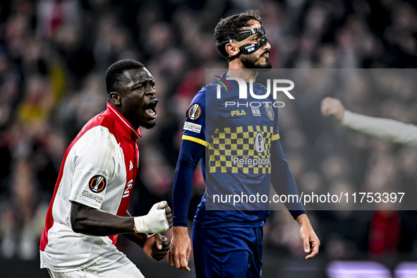 AFC Ajax Amsterdam forward Brian Brobbey plays during the match between Ajax and Maccabi Tel Aviv at the Johan Cruijff ArenA for the UEFA Eu...