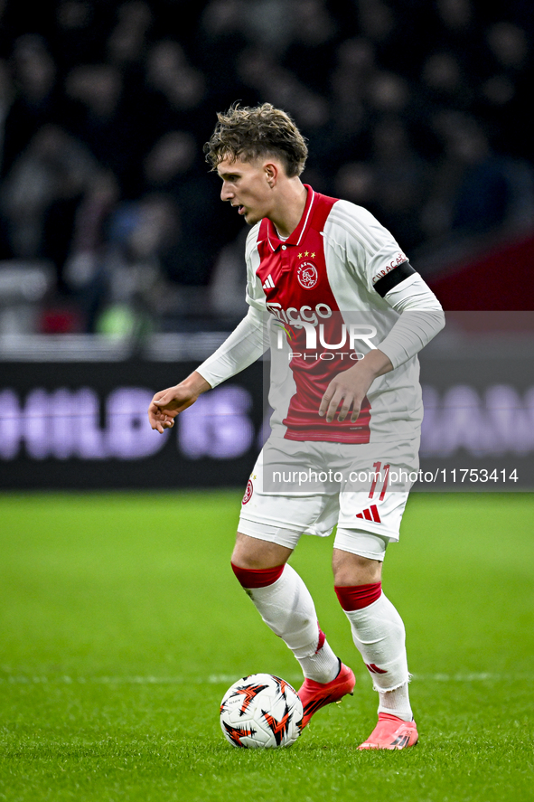 AFC Ajax Amsterdam forward Mika Godts plays during the match between Ajax and Maccabi Tel Aviv at the Johan Cruijff ArenA for the UEFA Europ...