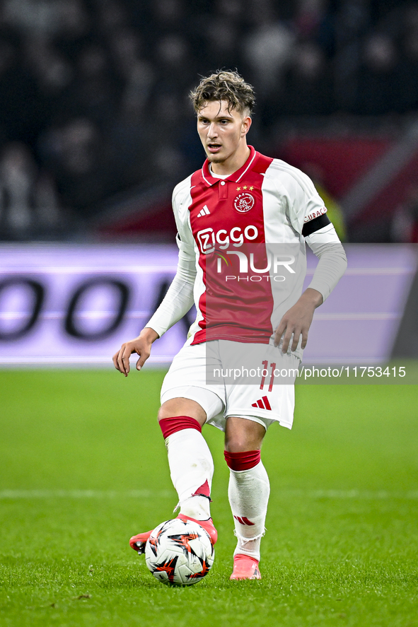 AFC Ajax Amsterdam forward Mika Godts plays during the match between Ajax and Maccabi Tel Aviv at the Johan Cruijff ArenA for the UEFA Europ...