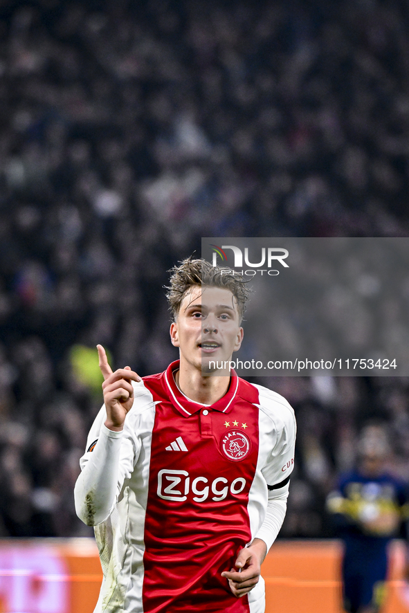 AFC Ajax Amsterdam forward Mika Godts plays during the match between Ajax and Maccabi Tel Aviv at the Johan Cruijff ArenA for the UEFA Europ...