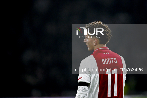 AFC Ajax Amsterdam forward Mika Godts plays during the match between Ajax and Maccabi Tel Aviv at the Johan Cruijff ArenA for the UEFA Europ...