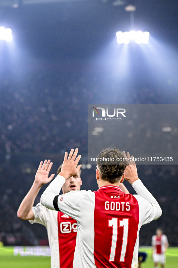 AFC Ajax Amsterdam forward Mika Godts plays during the match between Ajax and Maccabi Tel Aviv at the Johan Cruijff ArenA for the UEFA Europ...