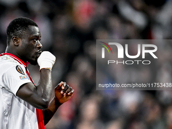 AFC Ajax Amsterdam forward Brian Brobbey plays during the match between Ajax and Maccabi Tel Aviv at the Johan Cruijff ArenA for the UEFA Eu...