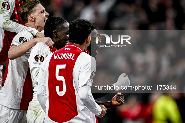 AFC Ajax Amsterdam forward Brian Brobbey celebrates a goal during the match between Ajax and Maccabi Tel Aviv at the Johan Cruijff ArenA for...