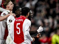 AFC Ajax Amsterdam forward Brian Brobbey celebrates a goal during the match between Ajax and Maccabi Tel Aviv at the Johan Cruijff ArenA for...