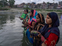 Hindu devotees perform rituals and offer prayers to the rising Sun God on the banks of the Bagmati River during the 'Chhath Puja' festival i...