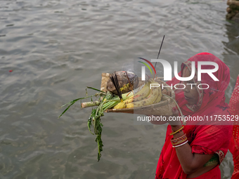 Hindu devotees perform rituals and offer prayers to the rising Sun God on the banks of the Bagmati River during the 'Chhath Puja' festival i...