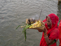 Hindu devotees perform rituals and offer prayers to the rising Sun God on the banks of the Bagmati River during the 'Chhath Puja' festival i...